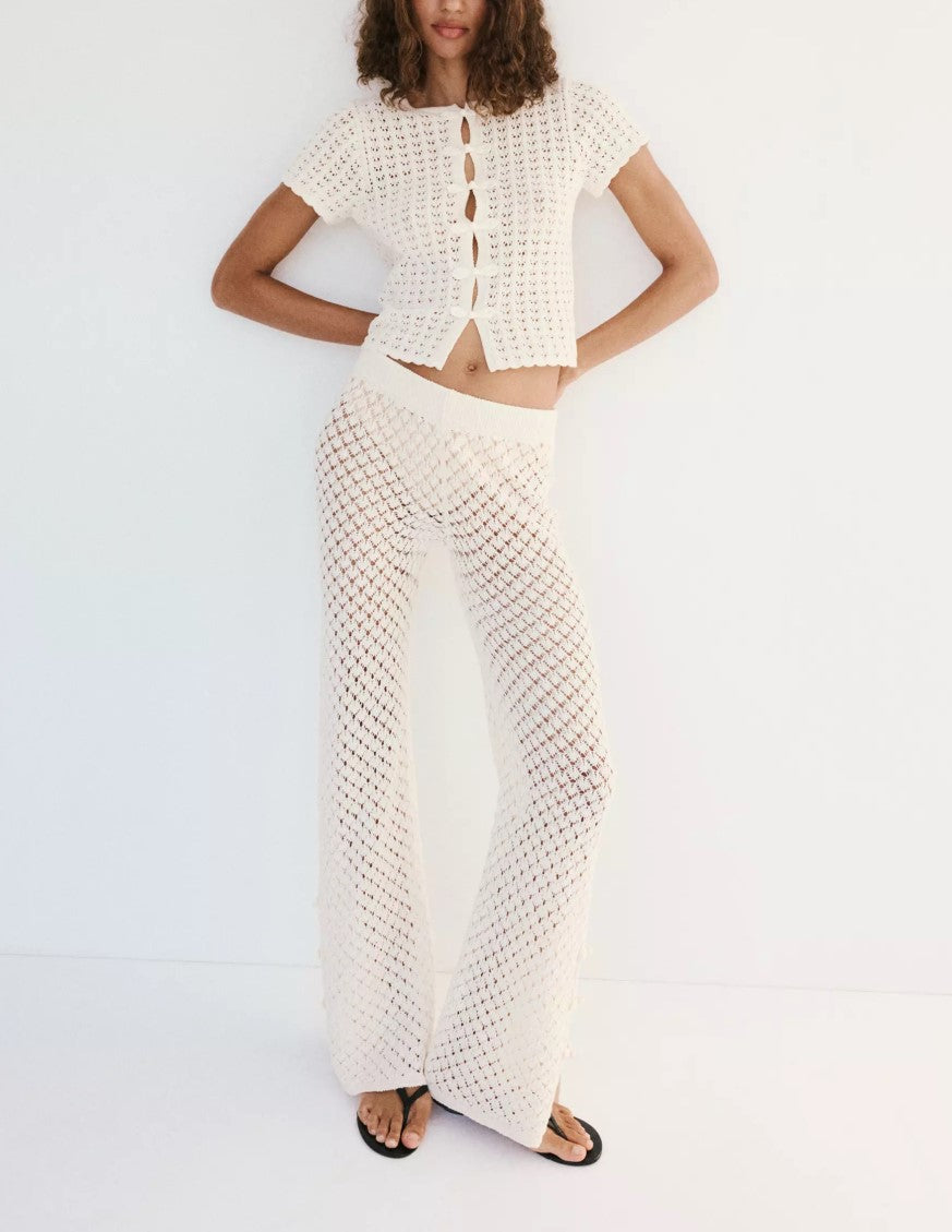 White Crochet Knit Two‑Piece Set Women Short Sleeve Top & Flare Pants Outfit