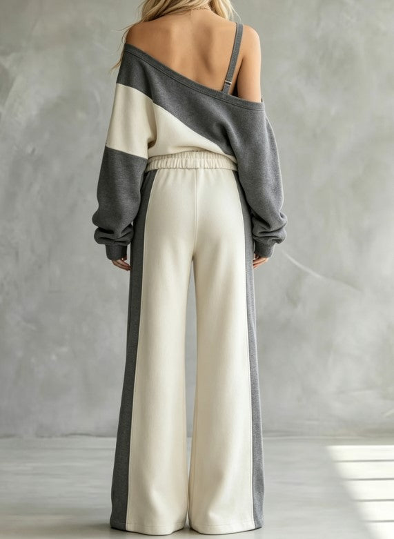 Color‑Block Off‑Shoulder Sweatshirt & Wide Leg Pants Set Women Casual Two‑Piece Outfit