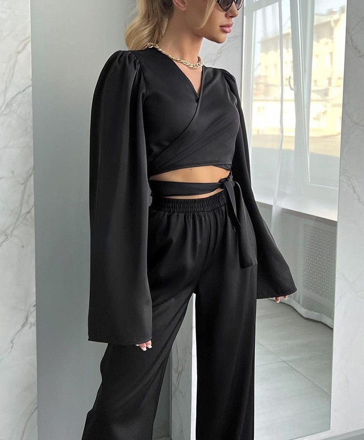 Black Wrap Tie‑Back Crop Top & Wide Leg Pants Two‑Piece Set