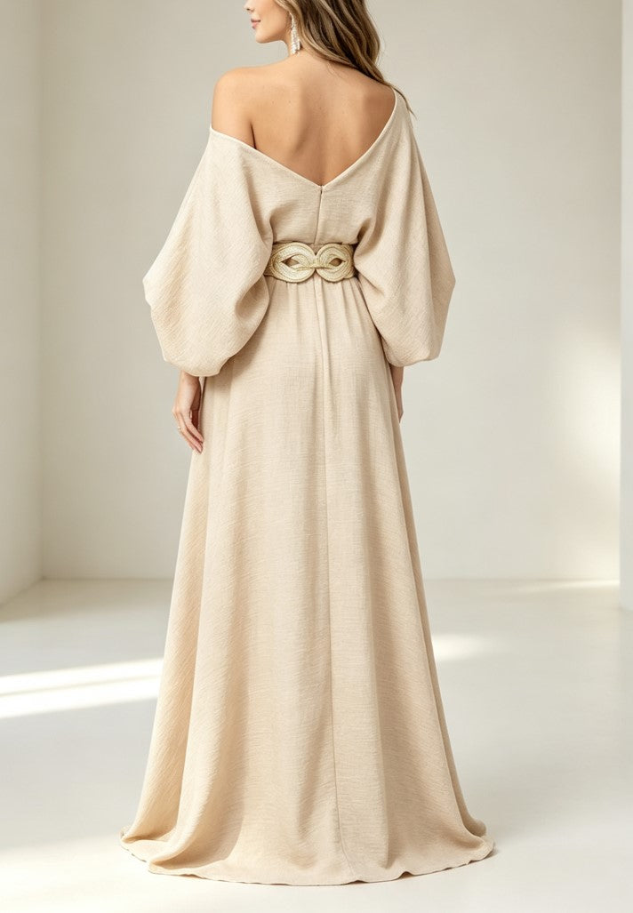 Beige Off‑Shoulder Balloon Sleeve Maxi Dress With Decorative Waist Belt