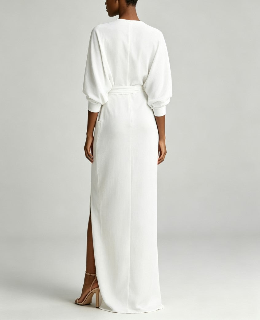 White V‑Neck Batwing Sleeve Wrap Split Maxi Evening Dress With Pockets