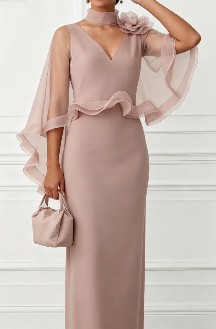 Pink 3D Flower Cape Sleeve Maxi Formal Evening Gown