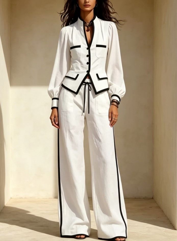 Black Trim White Linen Two Piece Set, Puff Sleeve Blazer Top & Wide Leg Pants Outfit