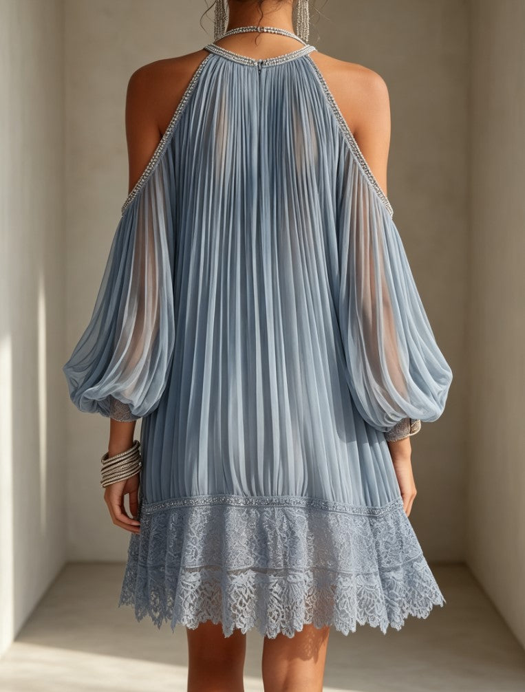 Blue Cold‑Shoulder Beaded Pleated Lace Hem Loose Boho Mini Dress