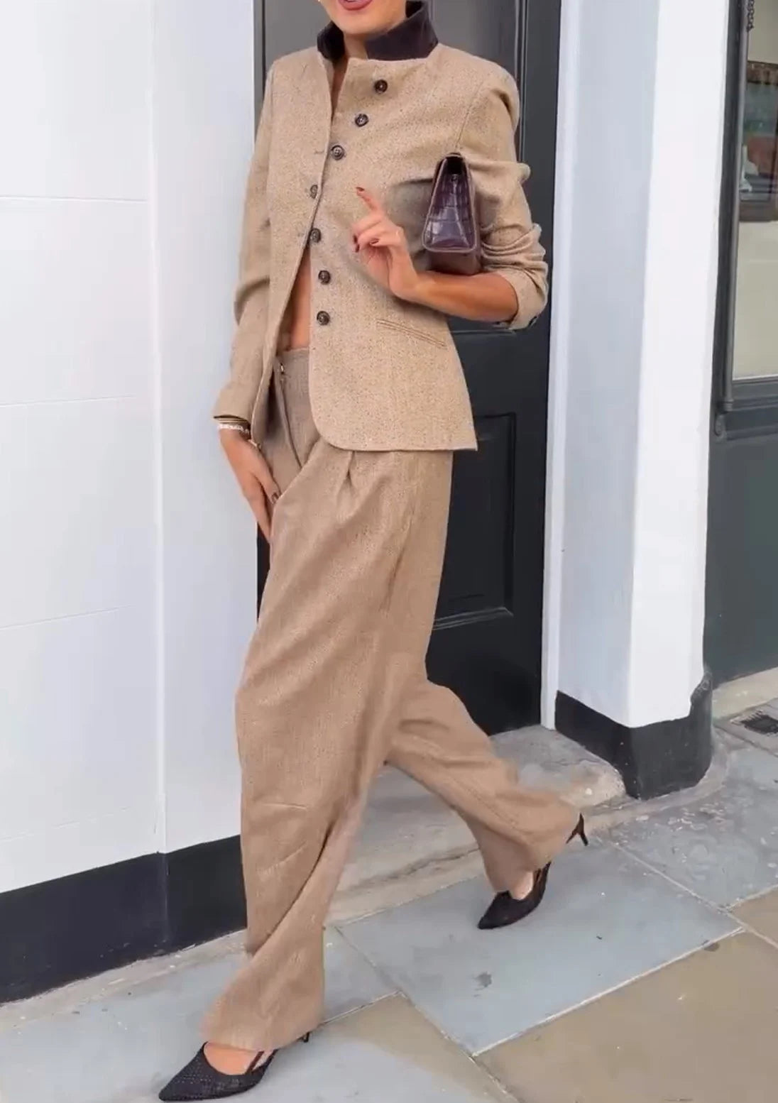 Women's Beige Tailored Stand Collar Blazer and Pleated Wide Leg Pants Two Piece Set
