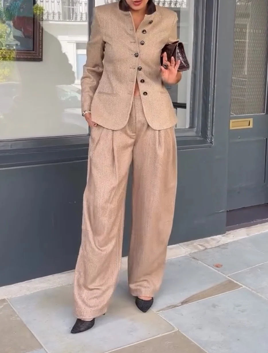 Women's Beige Tailored Stand Collar Blazer and Pleated Wide Leg Pants Two Piece Set