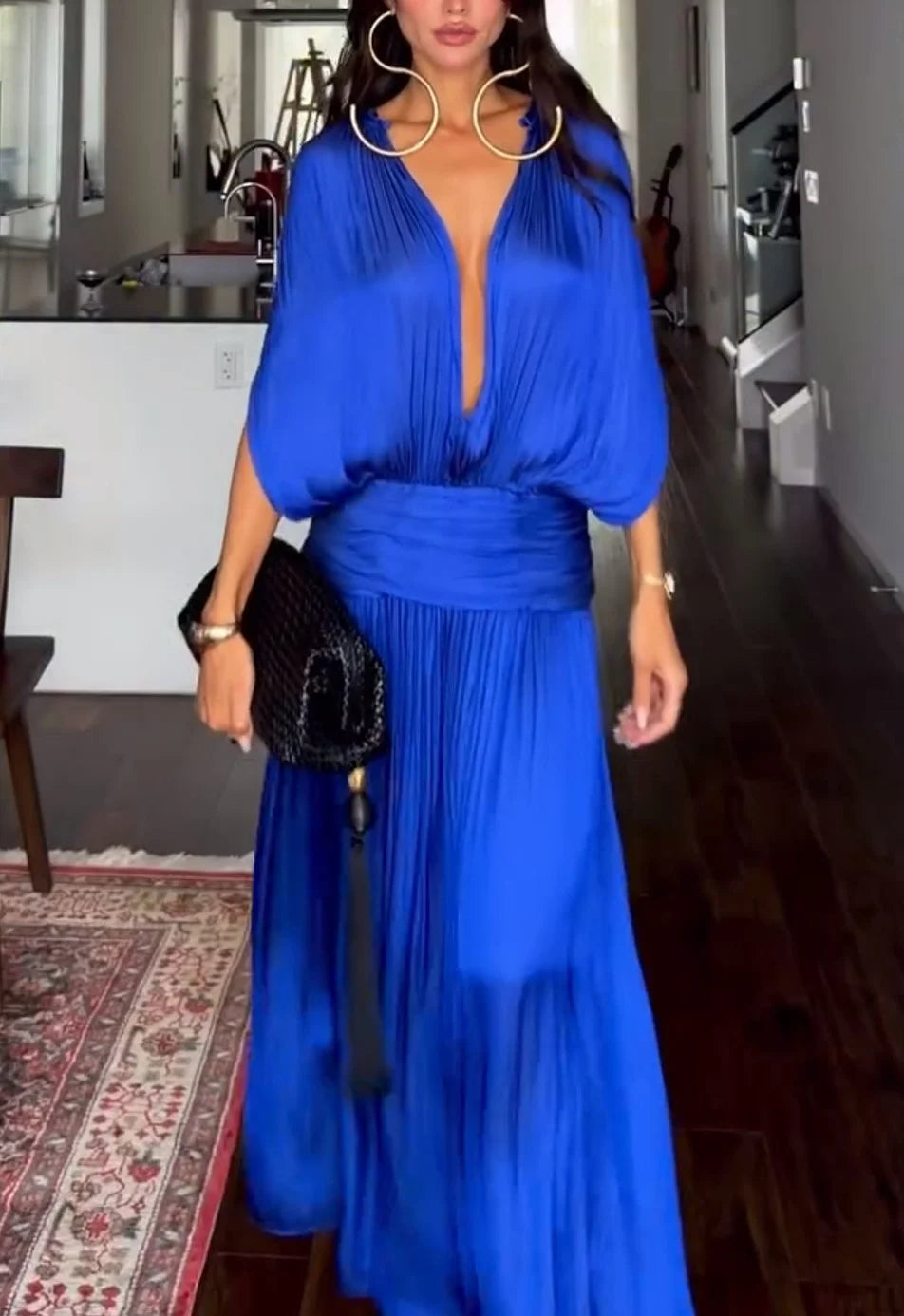 Royal Blue Deep V-Neck Pleated Maxi Dress with Ruched Waist