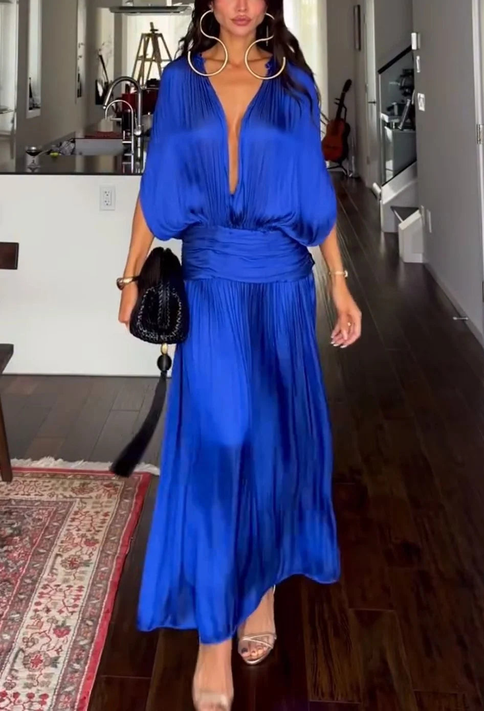 Royal Blue Deep V-Neck Pleated Maxi Dress with Ruched Waist
