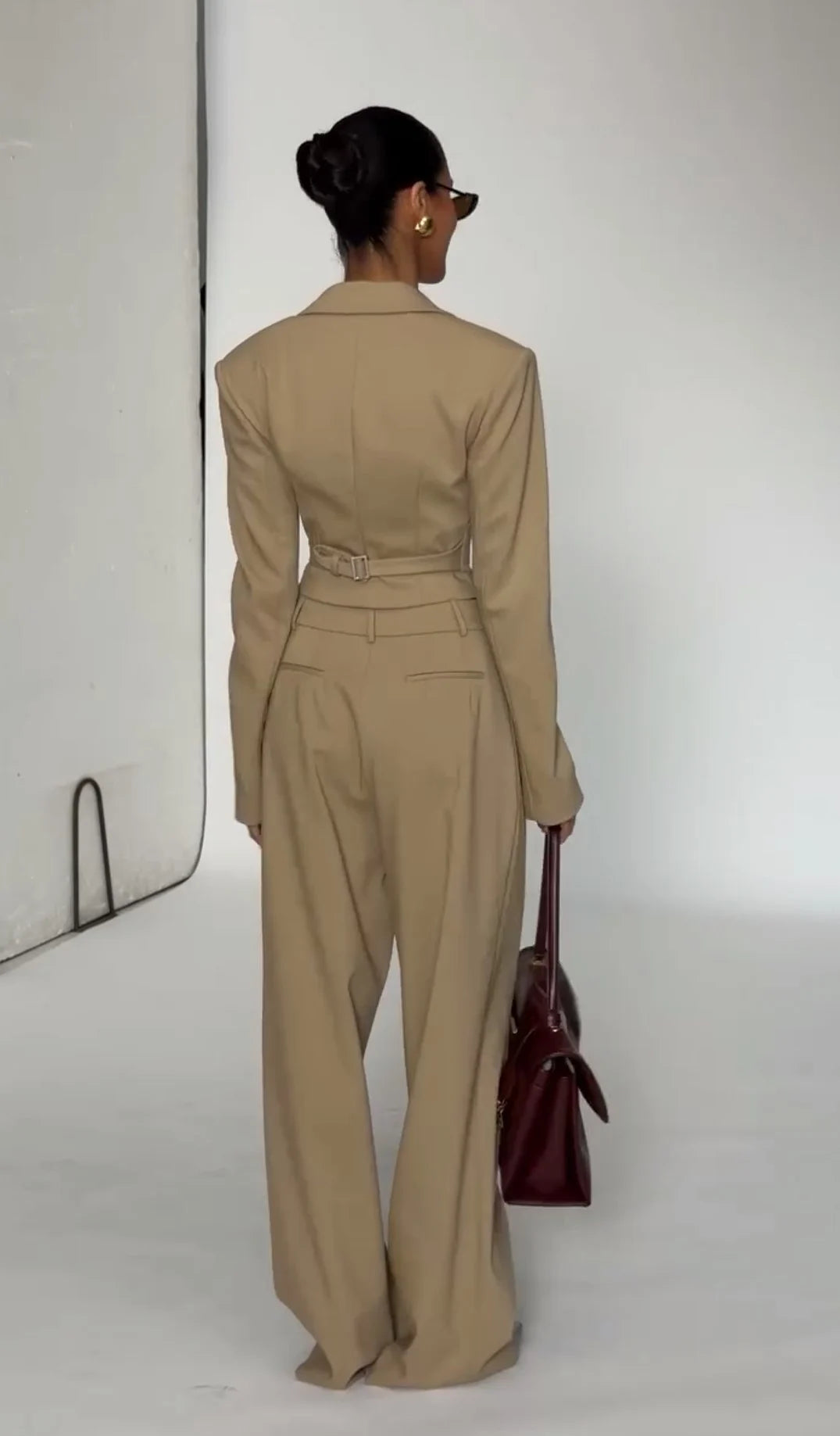 Beige Plunge Lapel Corset Blazer and Pleated Wide Leg Pants Two Piece Set