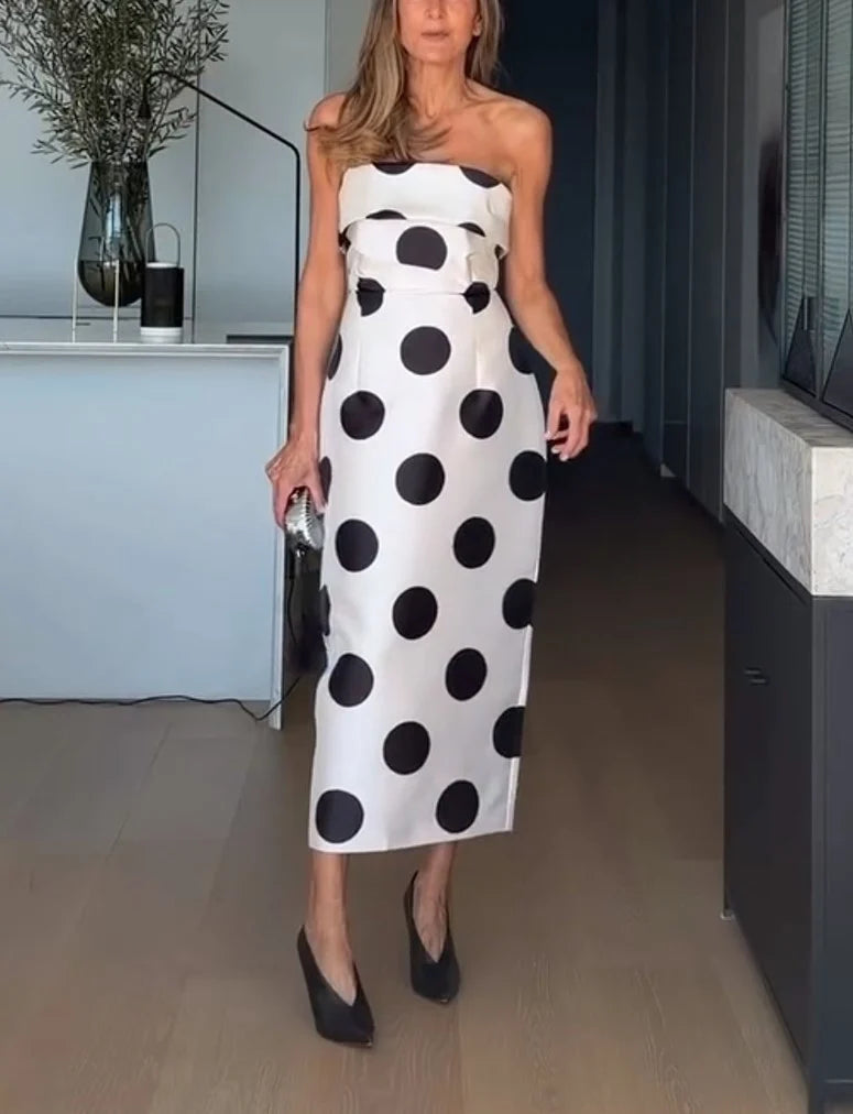 Strapless Polka Dot Column Maxi Dress for Cocktail and Evening Events