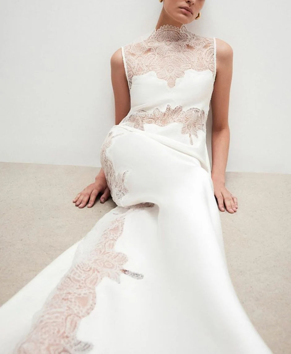White High Neck Sleeveless Sheer Lace Patchwork Satin Maxi Dress