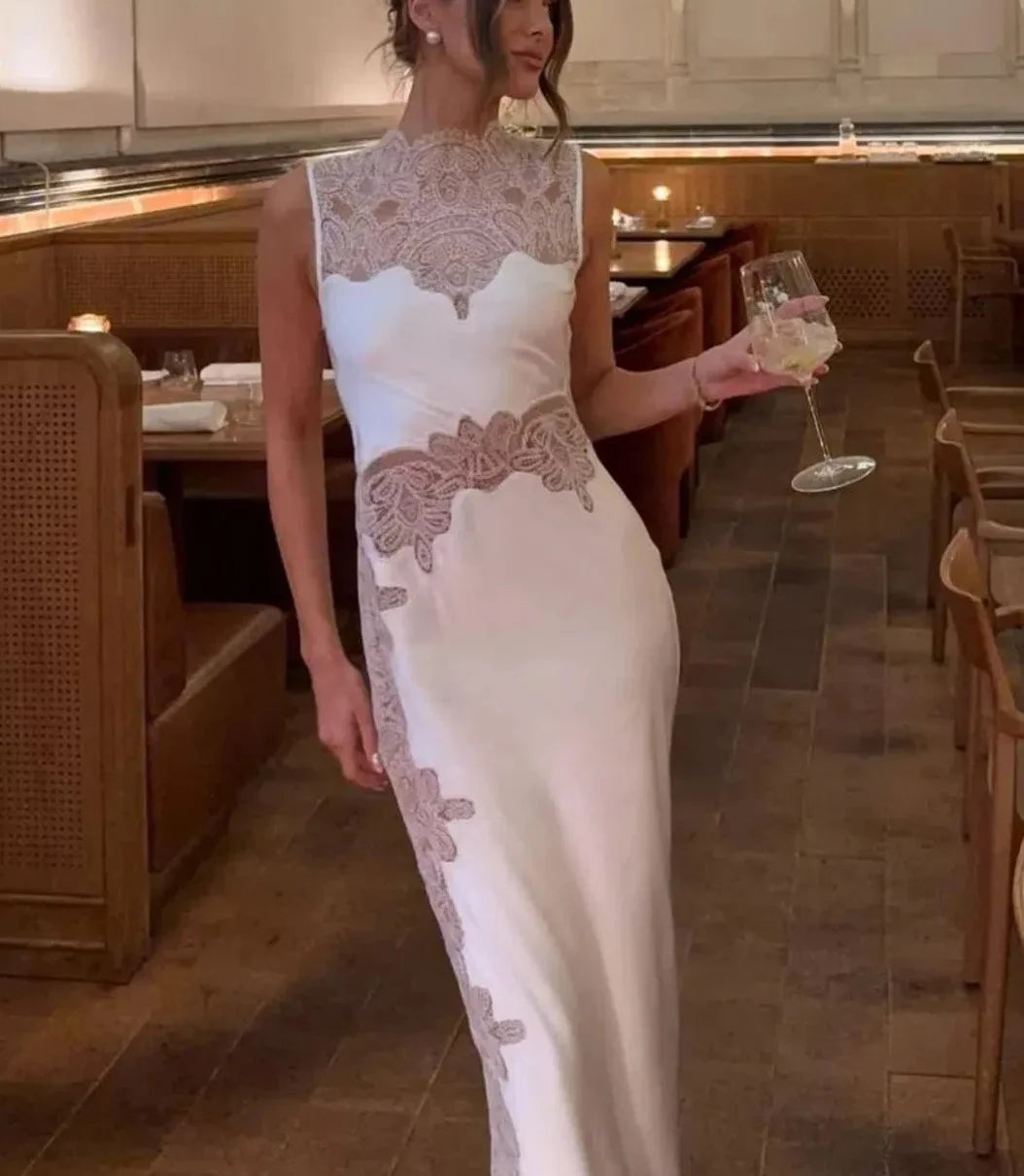 White High Neck Sleeveless Sheer Lace Patchwork Satin Maxi Dress