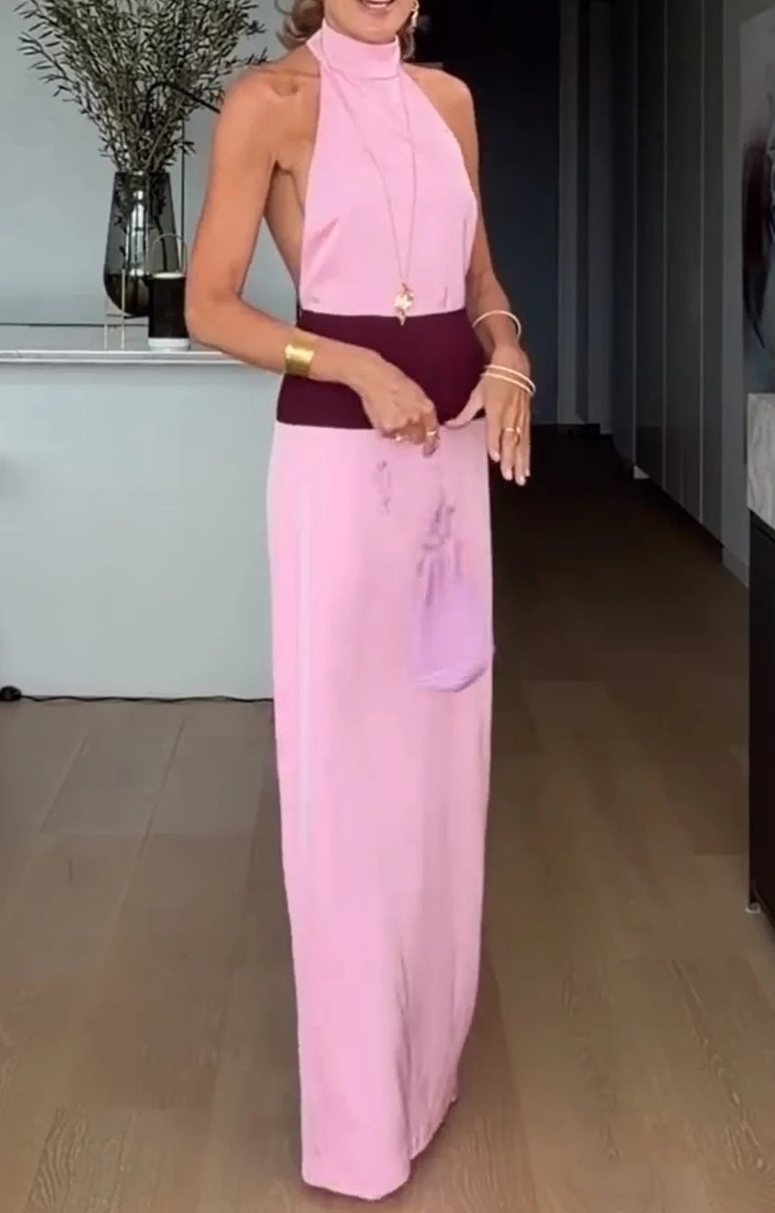 Pink Halter High Neck Sleeveless Maxi Dress with Contrast Waistband