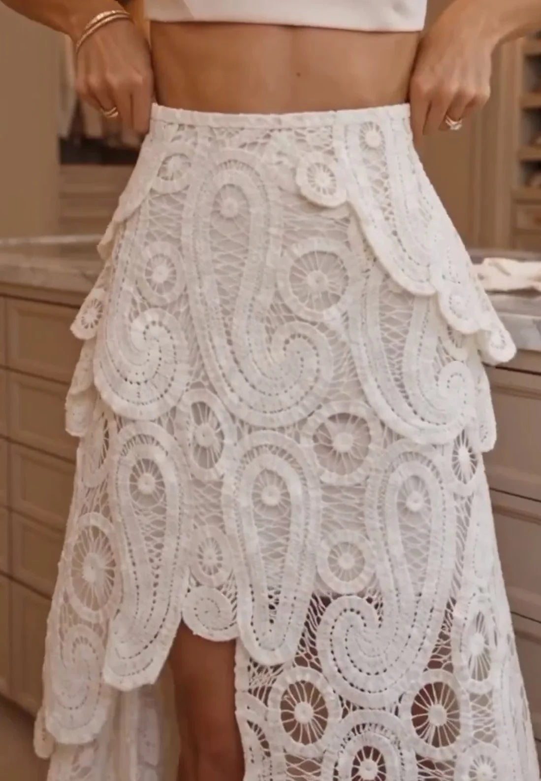 White Lace Sleeveless Top and Asymmetric Tiered Skirt Two-Piece Set