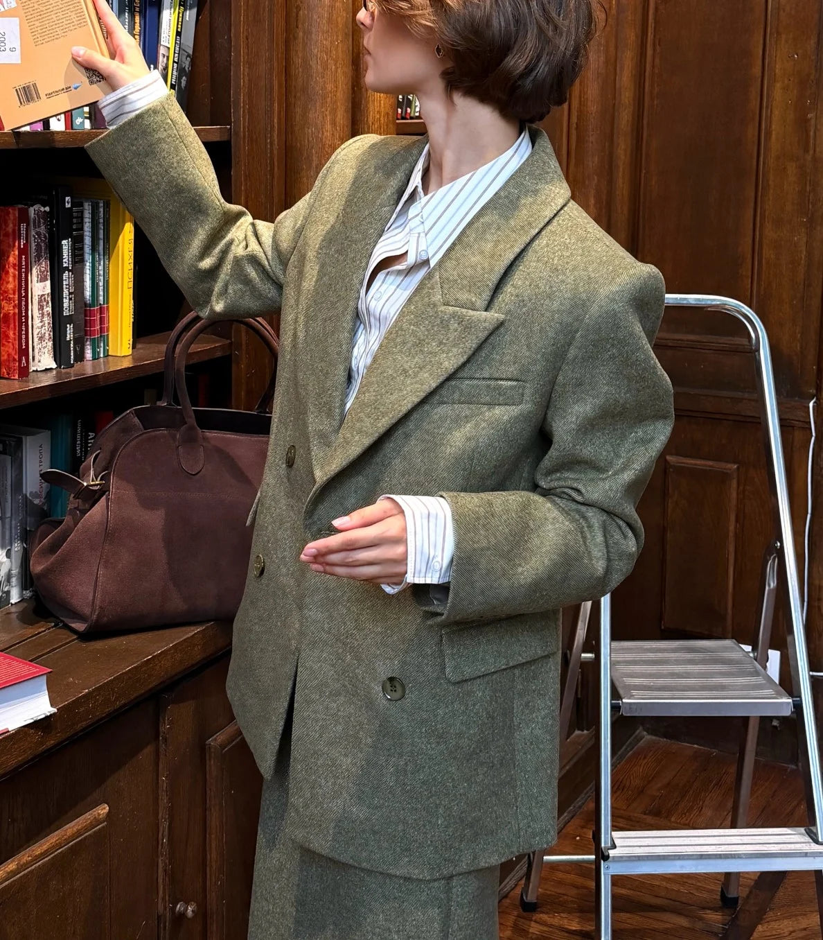 Women's Olive Green Tailored Blazer and Column Maxi Skirt Two Piece Set