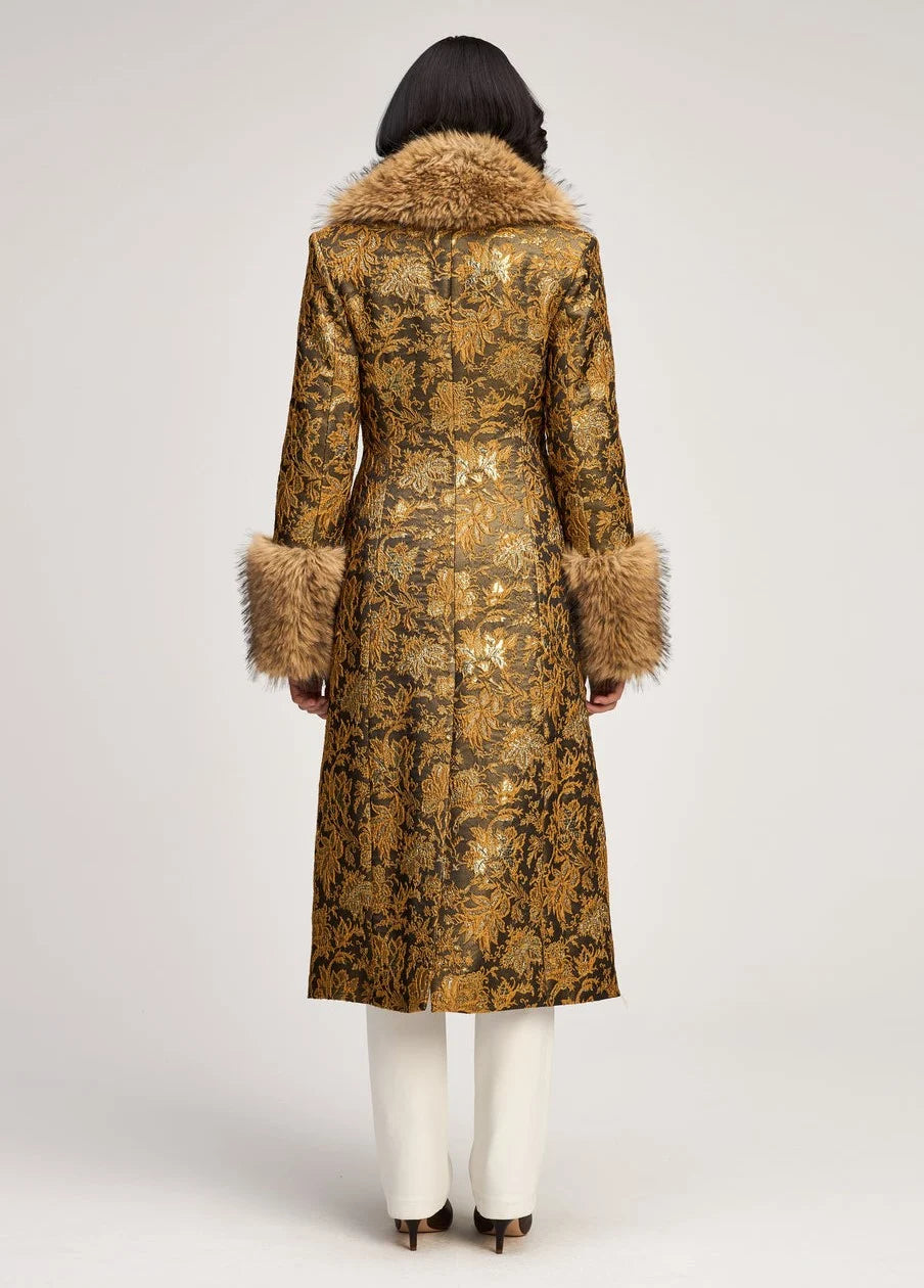 Women's Metallic Gold Jacquard Long Coat with Plush Faux Fur Collar