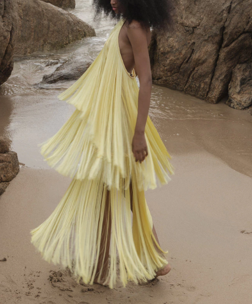 Collar Side Slit Lemon Yellow Laminated Tassel Dress
