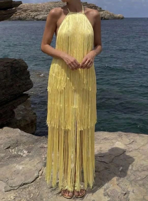 Collar Side Slit Lemon Yellow Laminated Tassel Dress