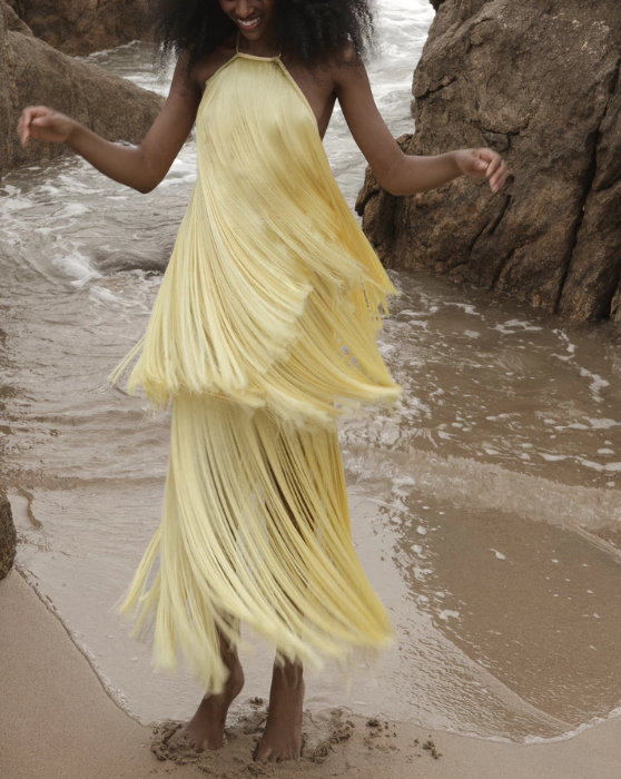 Collar Side Slit Lemon Yellow Laminated Tassel Dress