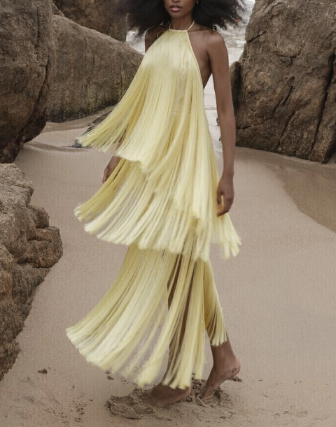 Collar Side Slit Lemon Yellow Laminated Tassel Dress