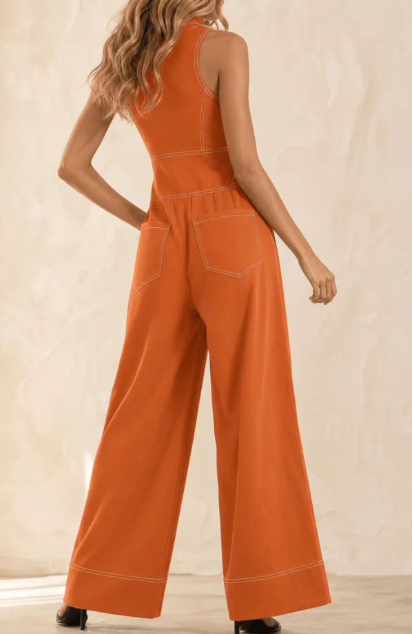 Retro Utility Halter Zip-Front Wide-Leg Jumpsuit With Contrast Stitching