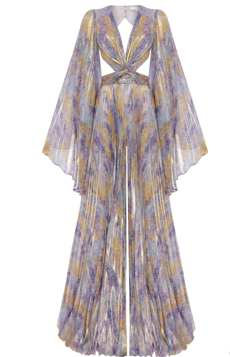 Pleated Chiffon Open-angle Sleeve Jumpsuit, Cut-out Waist