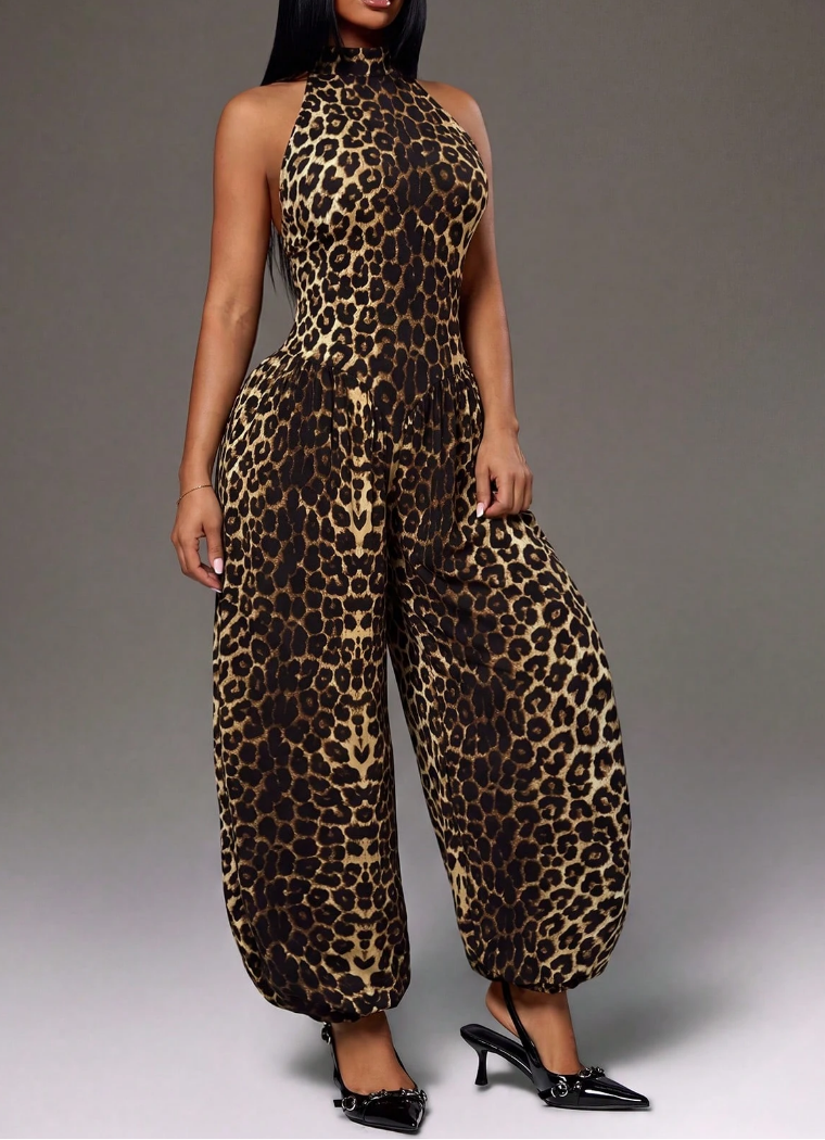 Women's Leopard Print Halter Jumpsuit - Backless Wide-Leg Lantern Pants Romper for Party & Clubwear