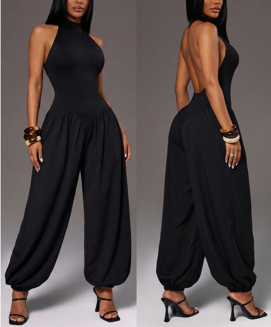 Women's Leopard Print Halter Jumpsuit - Backless Wide-Leg Lantern Pants Romper for Party & Clubwear