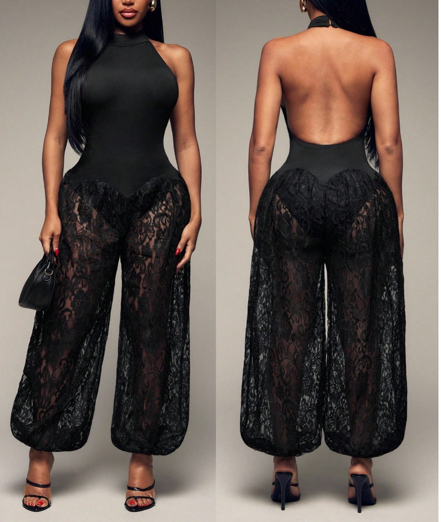 Women's Leopard Print Halter Jumpsuit - Backless Wide-Leg Lantern Pants Romper for Party & Clubwear