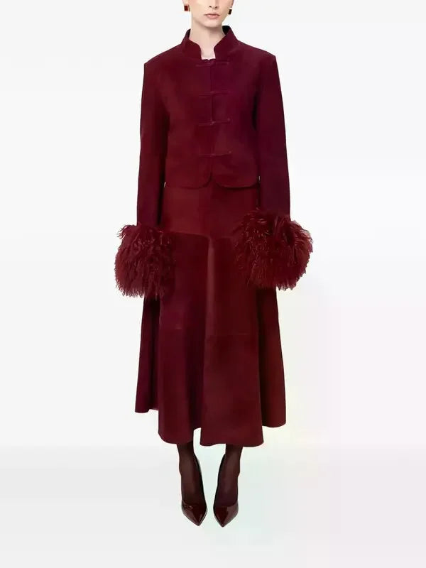 Mandarin Collar Frog Button Suede Cropped Jacket with Fur Cuffs