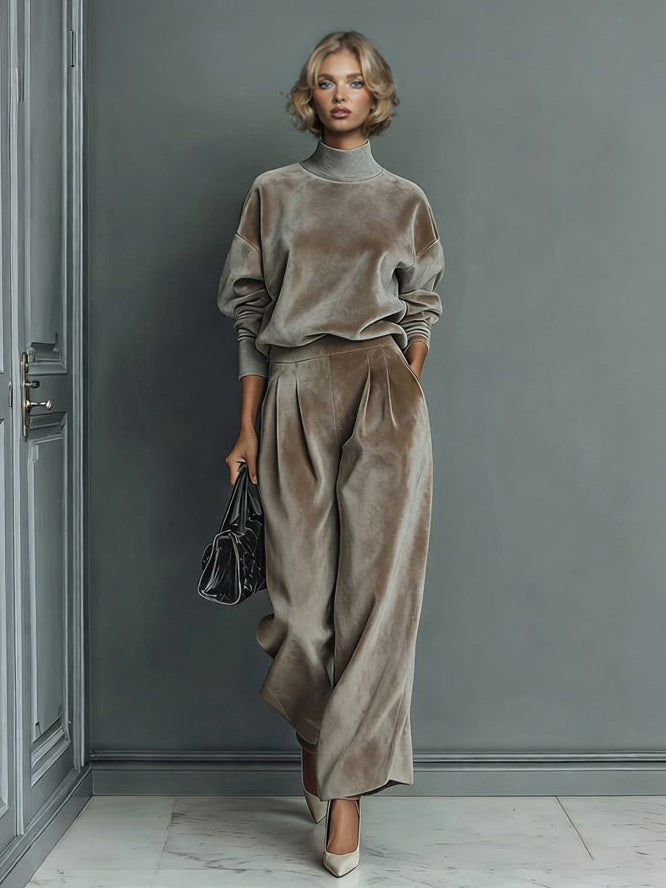 Elegant High-neck Velvet Pleated Wide-leg Pants Two-piece Set