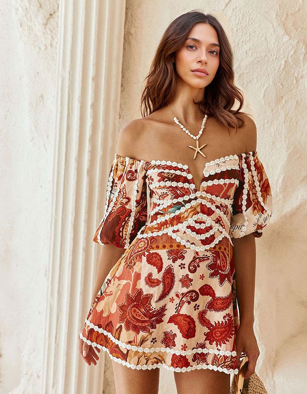 Exquisite Bohemian Paisley Print Off-Shoulder Mini Dress