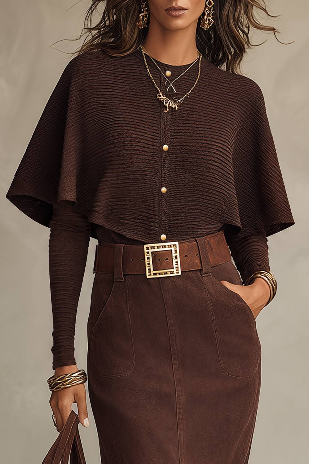 Cape Knit Top & Maxi Skirt Two Piece Set