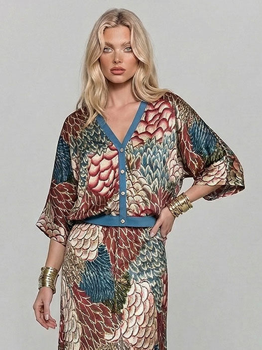 Retro Scale Print Satin Printed Batwing Sleeve Top