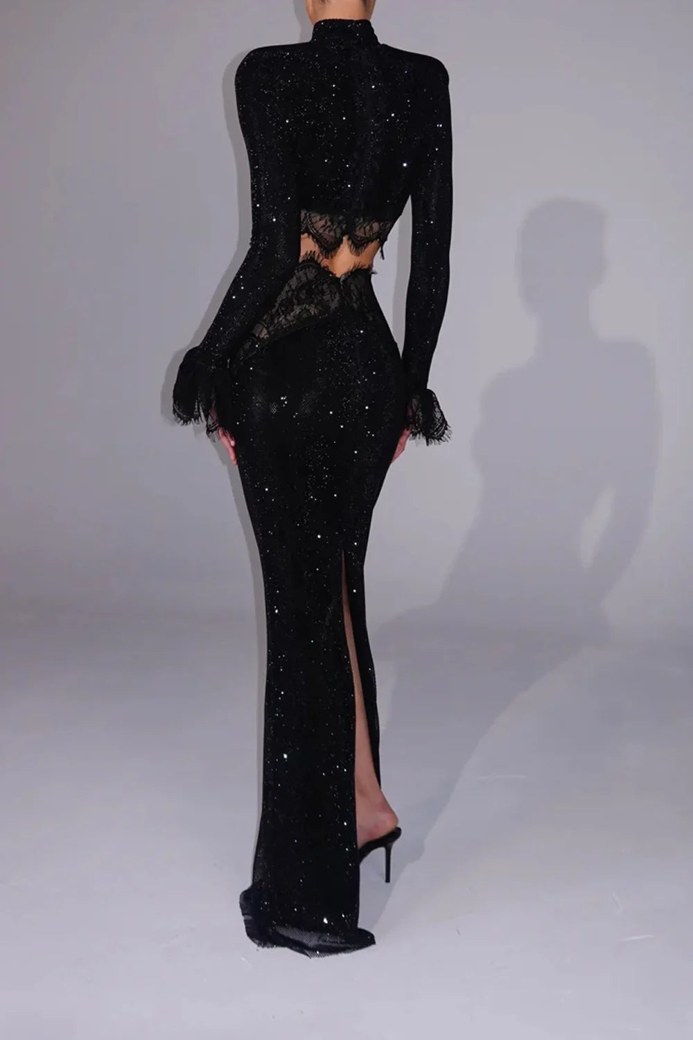 Black Sparkle Long Sleeve Crop Top and Maxi Skirt Two Piece Set