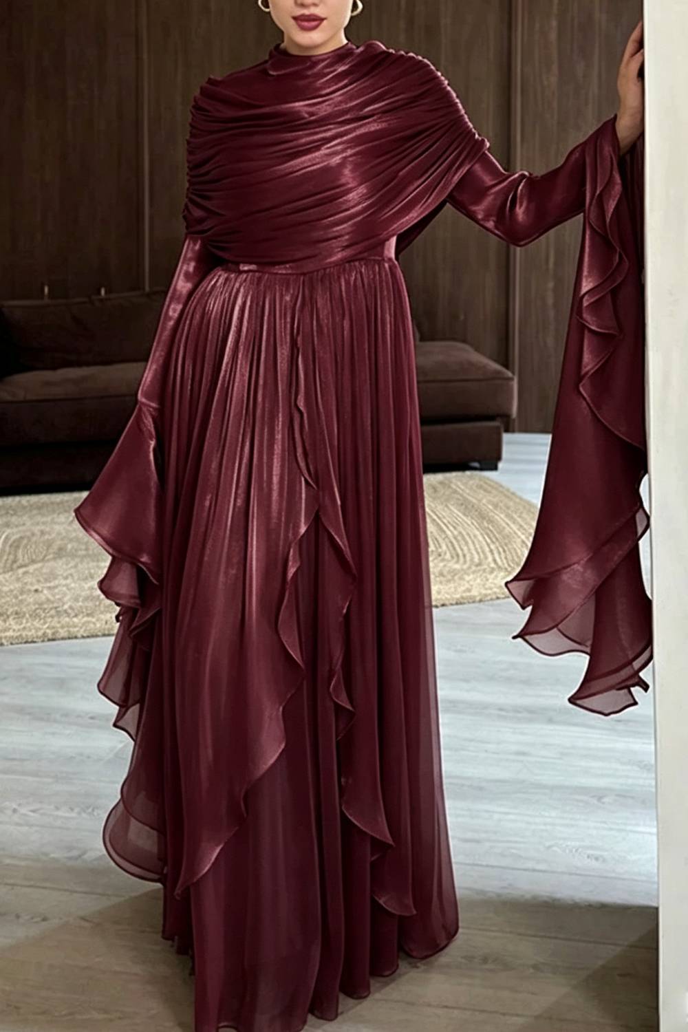 Modest Ruffled Long Sleeve Maxi Evening Dress (Hijab Not Included)