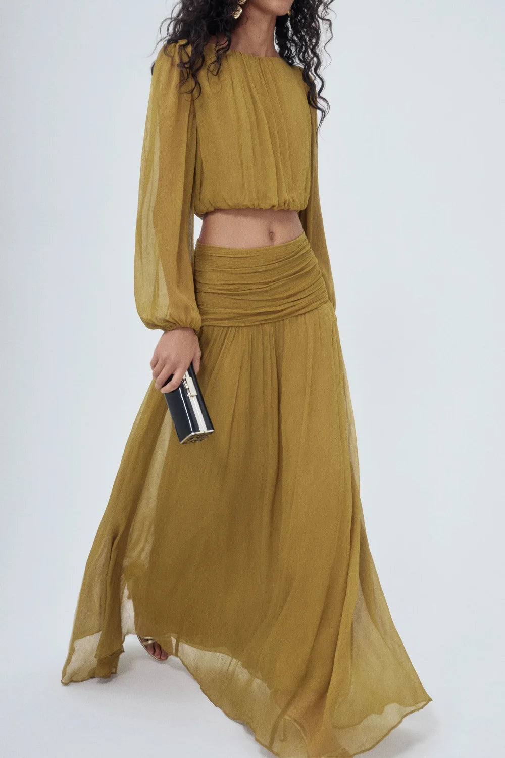 Olive Green Chiffon Long Sleeve Crop Top and Ruched Maxi Skirt Two Piece Set