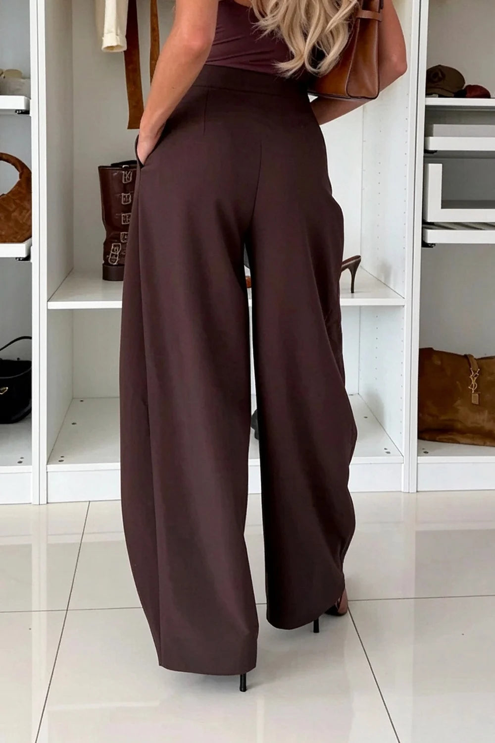 High-Waisted Asymmetric Double-Button Wide-Leg Trousers in Chocolate Brown