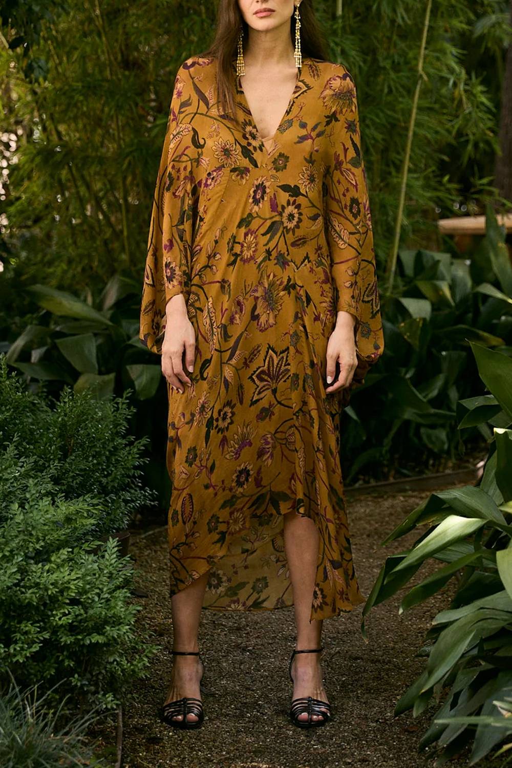V‑Neck Dolman Sleeve Floral Print Flow Maxi Dress
