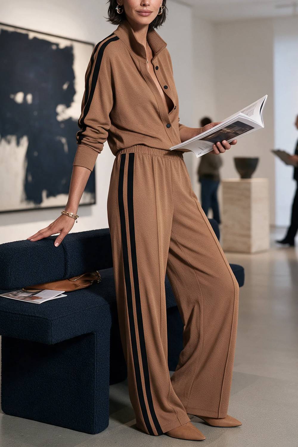 Stand Collar Button Front Side Stripe Top & Elastic Waist Wide Leg Pants Two Piece Set