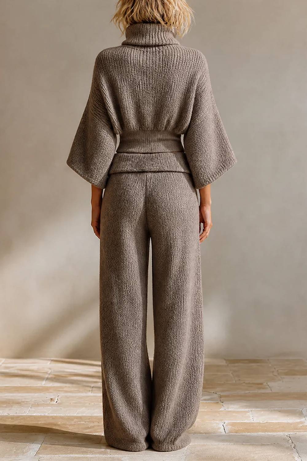 Turtleneck Batwing Sleeve Knit Crop Sweater & Belted Wide Leg Pants Two Piece Set