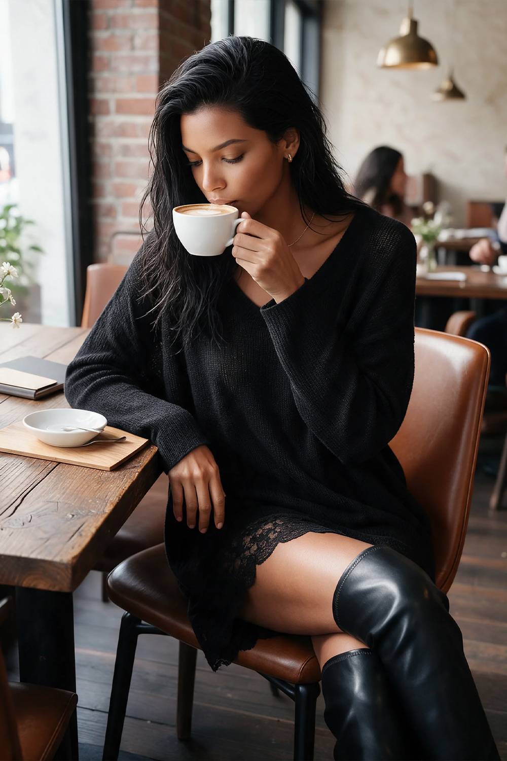 Oversized U-Neck Long Sleeve Knit Mini Dress With Lace Hem