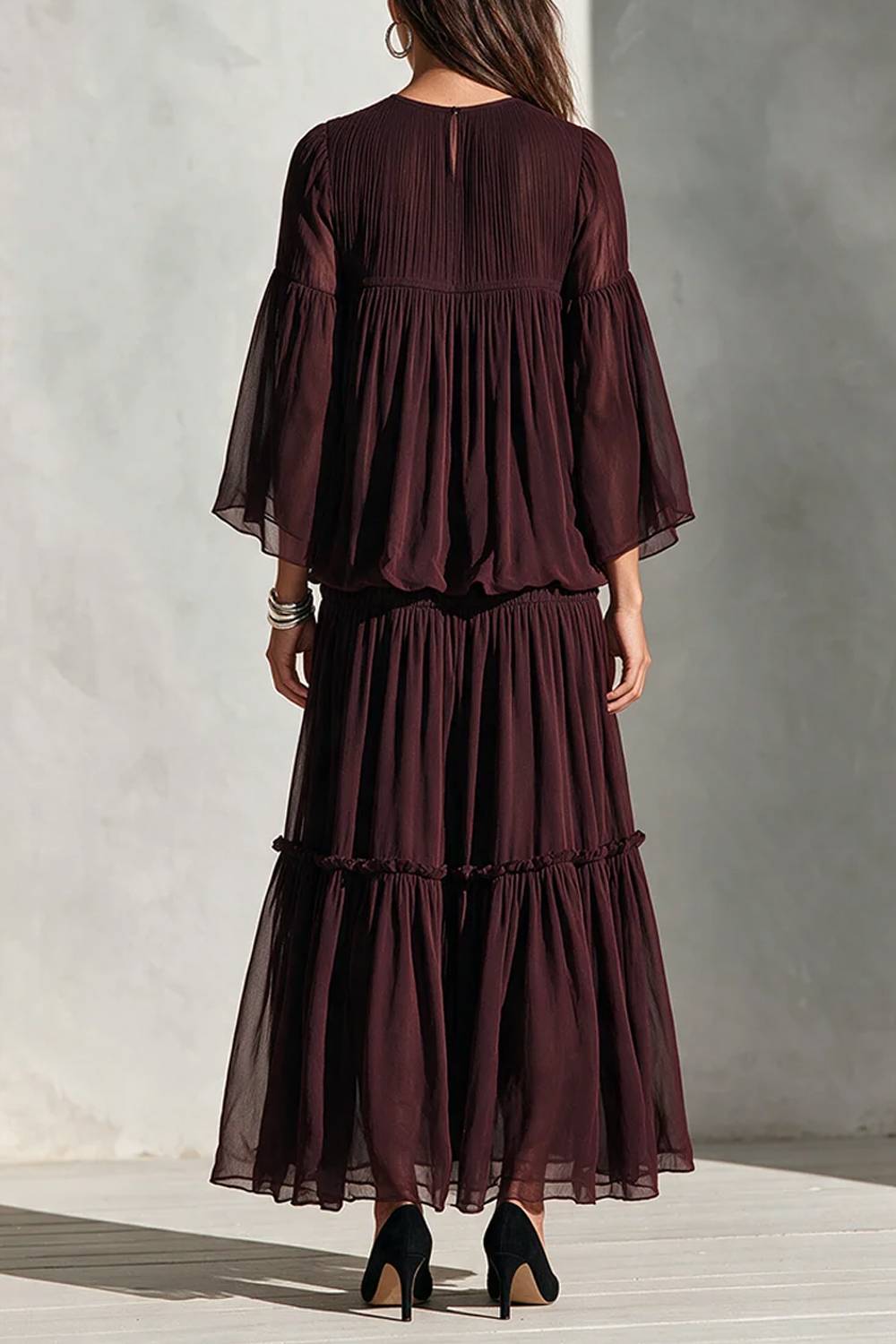 Bohemian Pleated Flared Sleeve Top With Layered Long Skirt Set