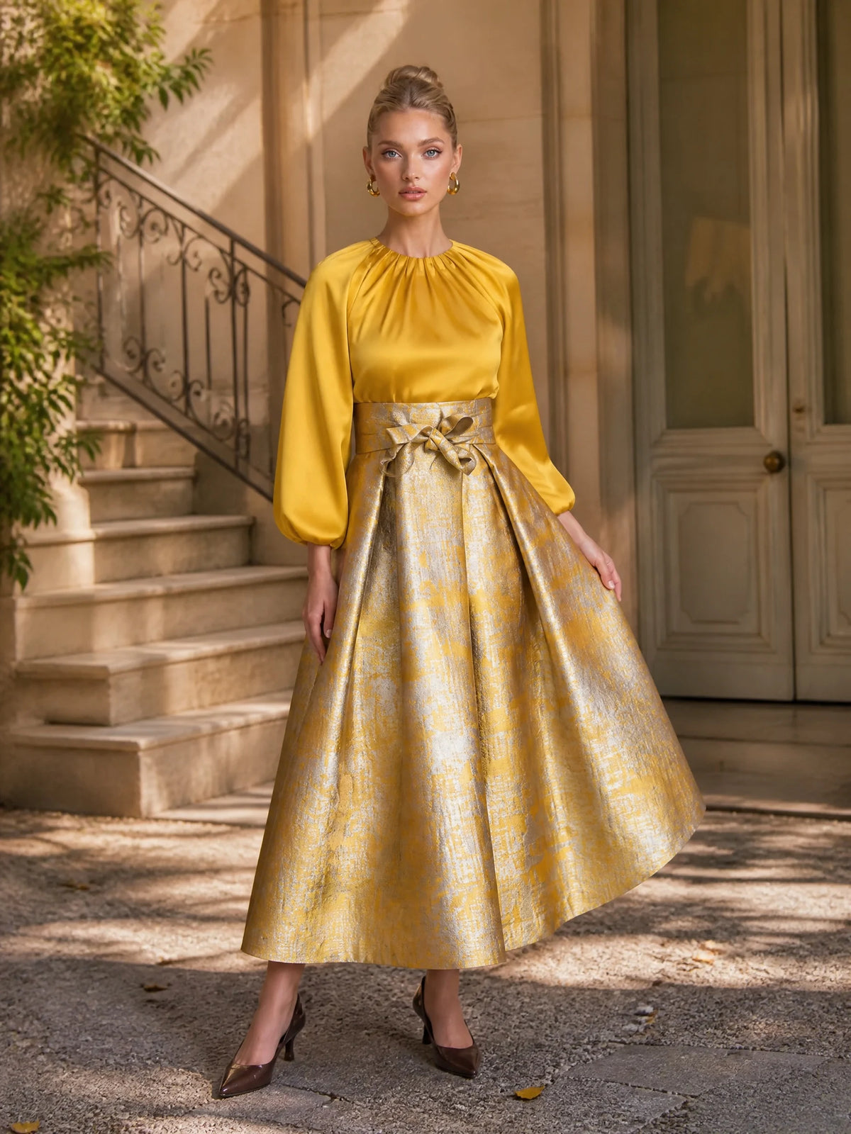 Elegant Yellow Satin Long Sleeve Blouse and Jacquard Belted Midi Skirt Set