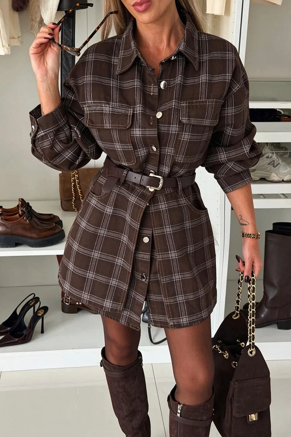 Women's Brown Plaid Long Sleeve Button Down Shirt and Mini Skirt Two Piece Set