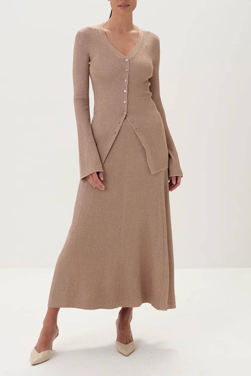 V Neck Button Front Flare Sleeve Knit Top & A Line Midi Skirt Two Piece Set