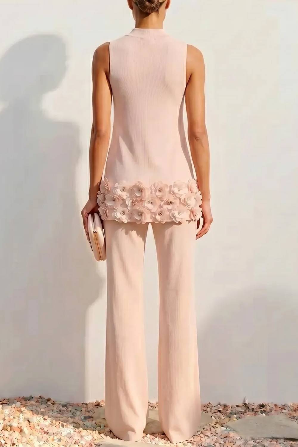 Sleeveless Mock Neck 3D Floral Trim Pant Set