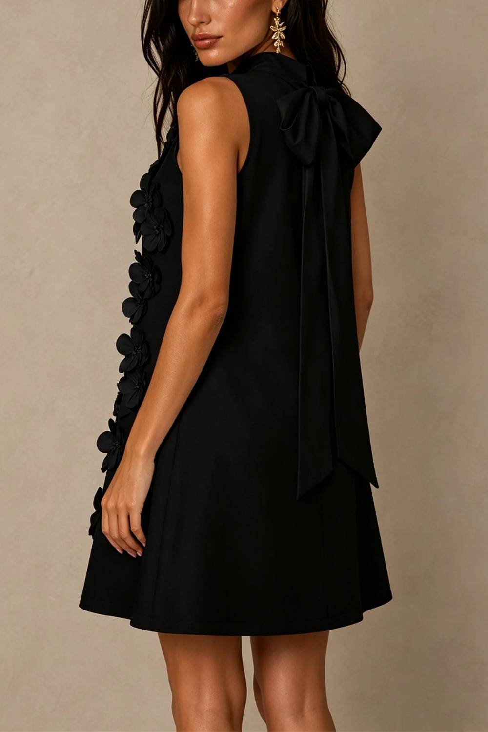 High Neck Sleeveless 3D Floral Appliqué A-Line Mini Dress