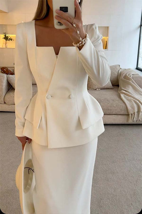 White Notched Blazer And Midi Skirt Two Piece Formal Suit Set