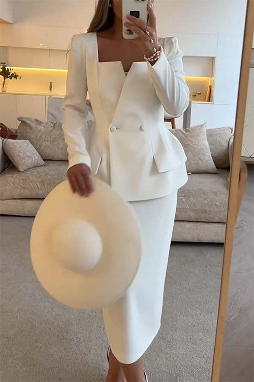 White Notched Blazer And Midi Skirt Two Piece Formal Suit Set